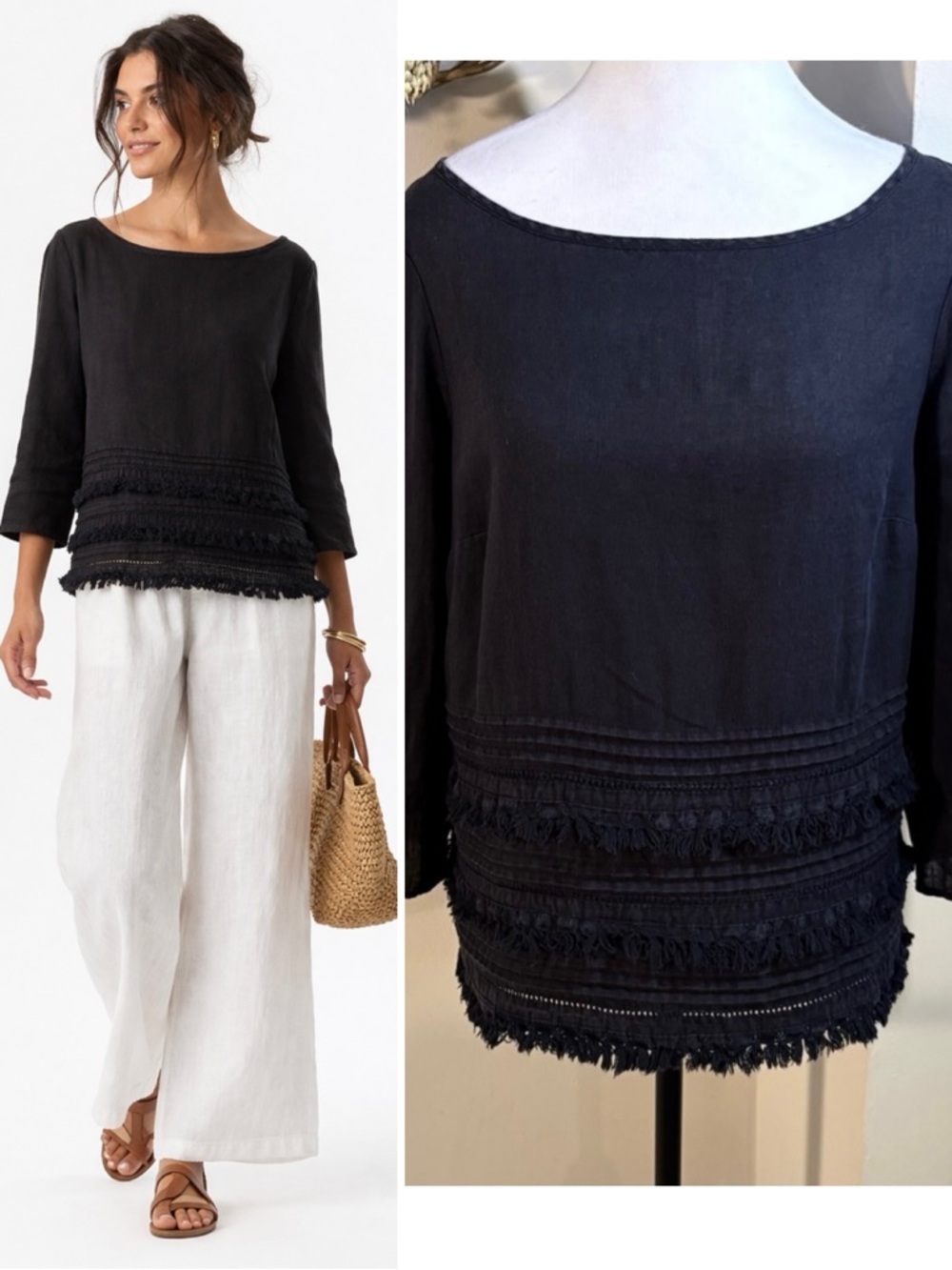 Meadow Rue Boho Chic Black Linen Top with Fringe Sz Small 💛